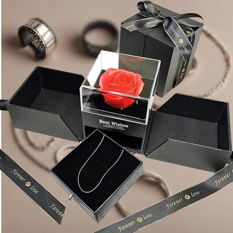 Cofanetto Portagioielli Scatolina Elegante con Rosa Eterna, Gioiello a Scelta, Collana Bracciale o Anello, San valentino, Anniversario Regalo unico