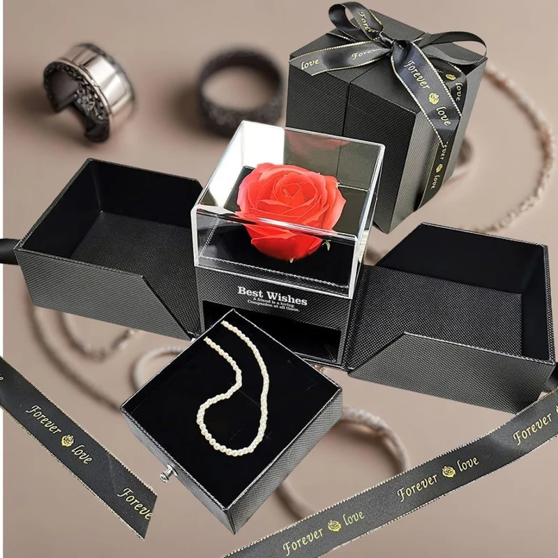 Cofanetto Portagioielli Scatolina Elegante con Rosa Eterna, Gioiello a Scelta, Collana Bracciale o Anello, San valentino, Anniversario Regalo unico