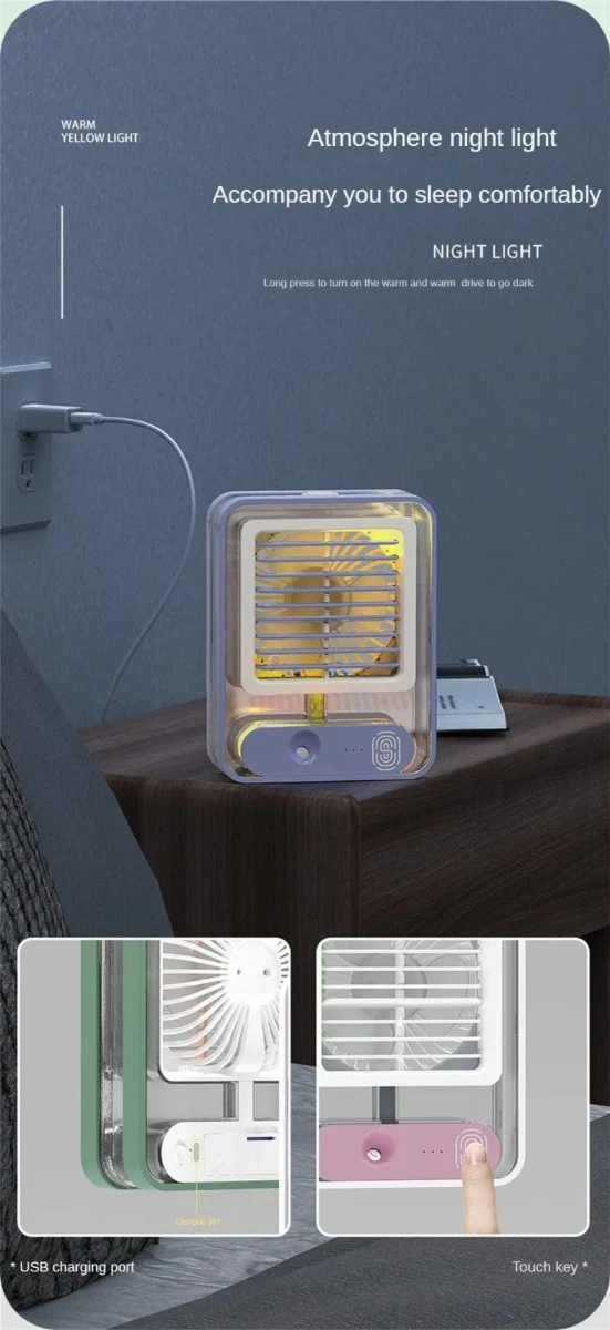 Ventilatore portatile con Condizionatore d'aria funzione di luce notturna funzione di umidificatore dispositivo di raffreddamento dell'aria personale con vaschetta per ghiaccio mini ventola di raffreddamento da scrivania per la camera da letto