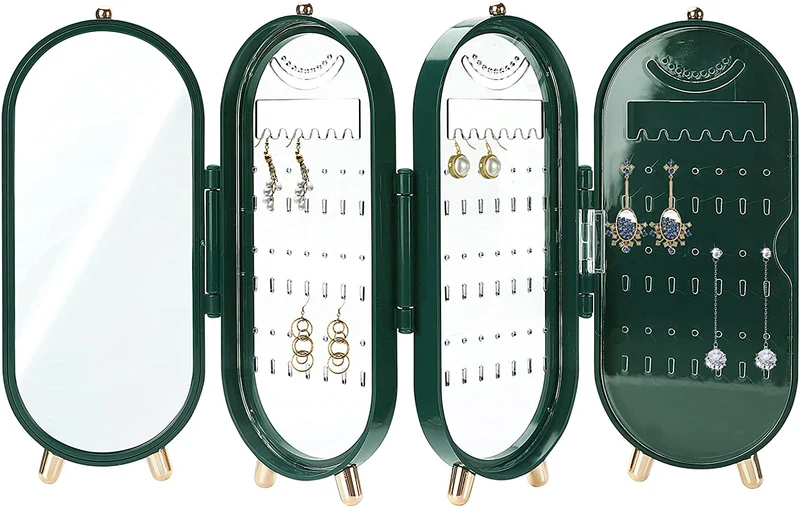 Organizer per orecchini da appendere, elegante custodia a specchio, resistente per gioielli da donna, per la casa e per rivenditori, verde, 153 scomparti per orecchini e 24 tacche