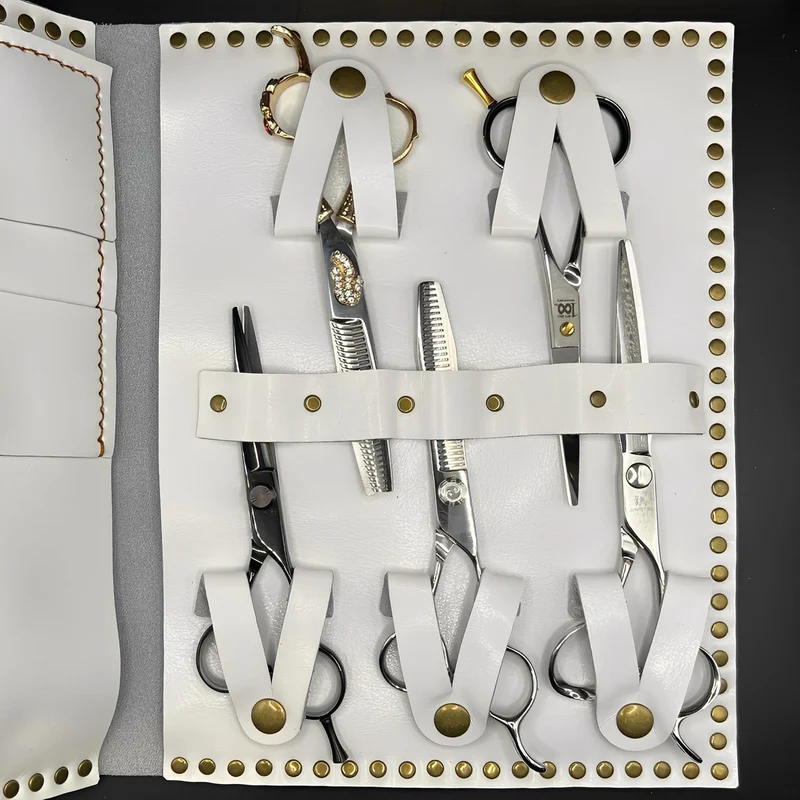 Custodia per forbici in pelle bianca di alta qualità - 5 tasche per forbici