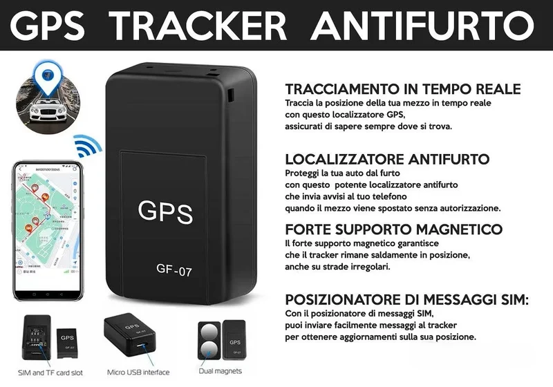 GPS Tracker Antifurto GF-07 Magnetico con SIM, Monitoraggio in Tempo Reale e Controllo da Smartphone per Auto, Moto, Bici, Bambini, Animali e Oggetti