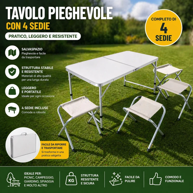 Tavolo Pieghevole con 4 Sedie in MDF e Metallo Rinforzato per Campeggio, Picnic e Giardino
