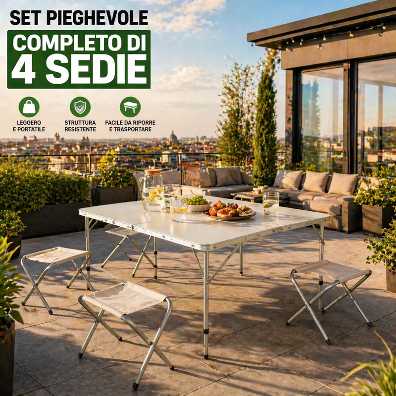 Tavolo Pieghevole con 4 Sedie in MDF e Metallo Rinforzato per Campeggio, Picnic e Giardino