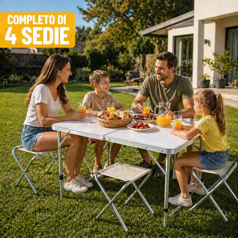 Tavolo Pieghevole con 4 Sedie in MDF e Metallo Rinforzato per Campeggio, Picnic e Giardino