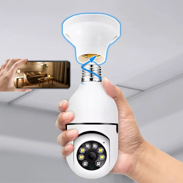 Telecamera Panoramica WiFi 360° con Attacco Lampadina E27 per Videosorveglianza e Controllo da Smartphone