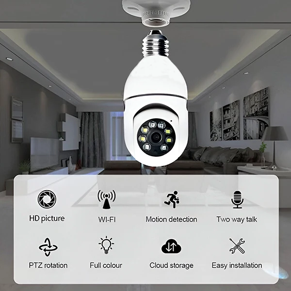 Telecamera Panoramica WiFi 360° con Attacco Lampadina E27 per Videosorveglianza e Controllo da Smartphone
