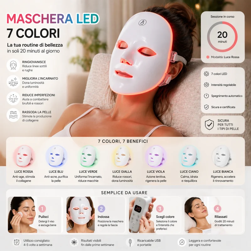 Maschera LED Viso 7 Colori in ABS Ricaricabile USB per Skin Care e Cura Estetica del Viso