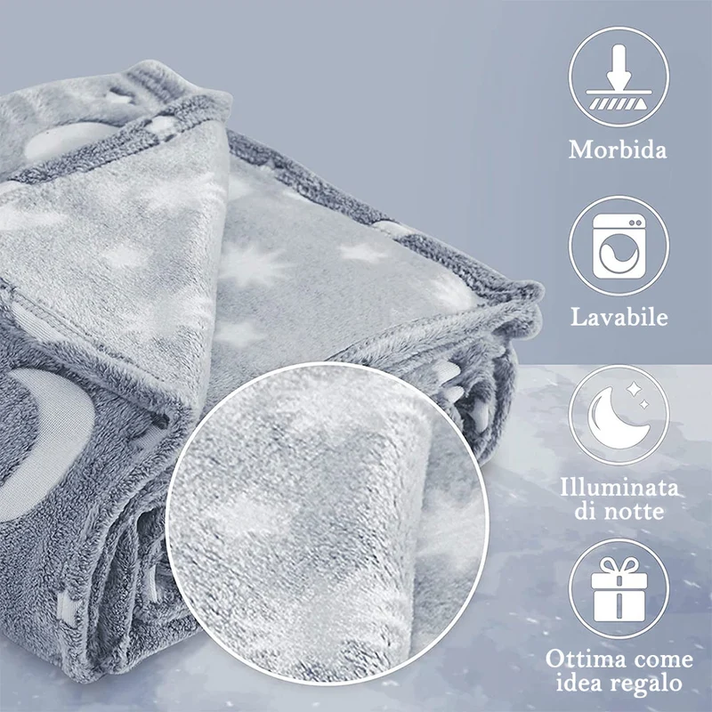Coperta Magica Fluorescente per bambini plaid in pile con stelle che si illuminano al buio morbida idea regalo Blu