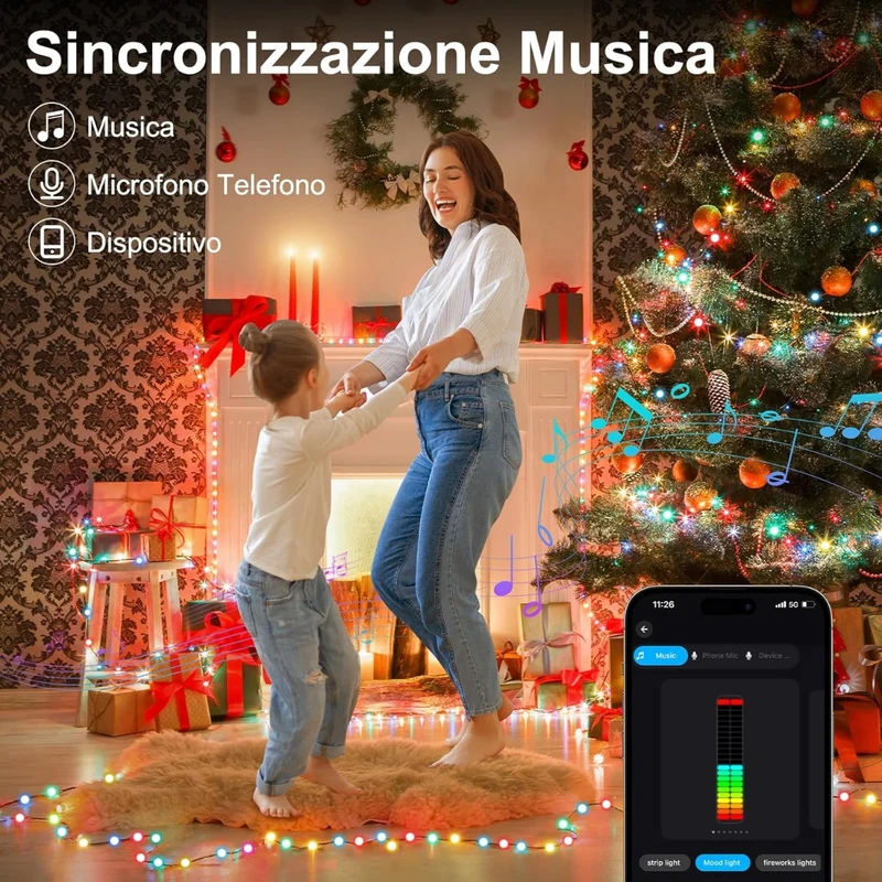 Luci LED RGB IC 7.5m 50 LED Impermeabili USB con App Telecomando Musica