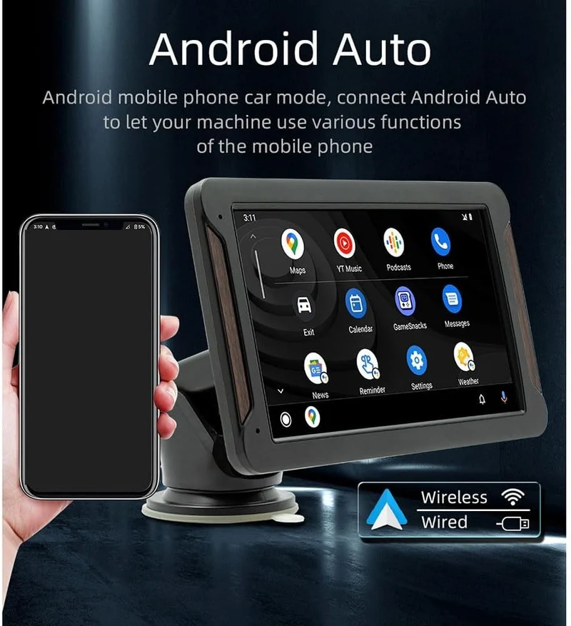 Autoradio Portatile 7" con Apple CarPlay, Android Auto, Bluetooth 5.0, Mirror Link e FM – Display HD, Ingresso Telecamera e Supporto Multifunzione