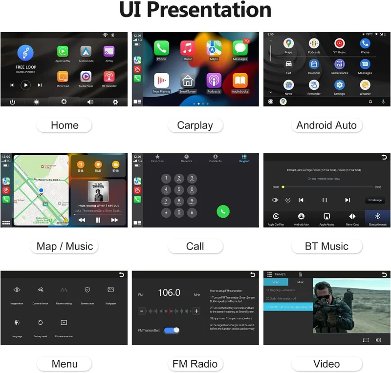 Autoradio Portatile 7" con Apple CarPlay, Android Auto, Bluetooth 5.0, Mirror Link e FM – Display HD, Ingresso Telecamera e Supporto Multifunzione