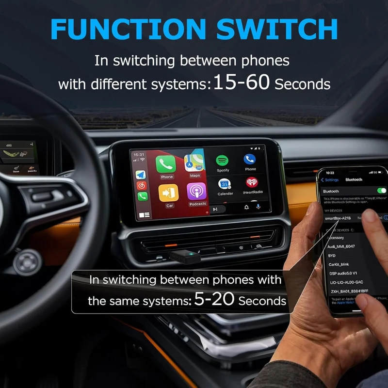 Adattatore Wireless 2 in 1 per Android Auto e Apple CarPlay – Compatibilità Universale, Connessione Stabile, Design Compatto
