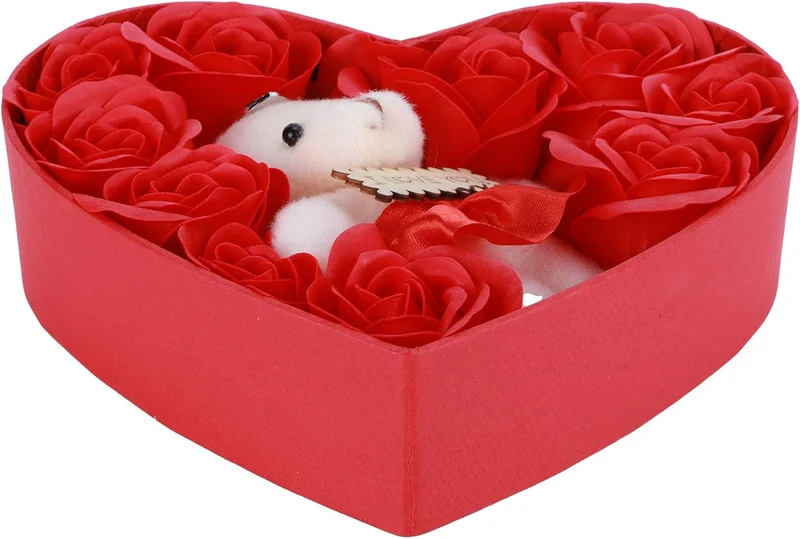 Scatola regalo a forma di cuore con orsetto e rose per san valentino anniversari