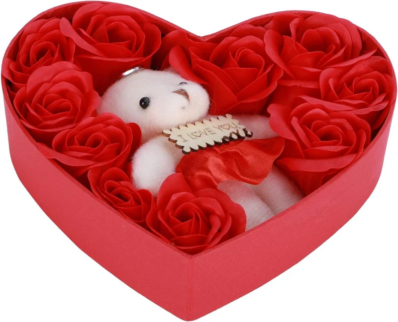 Scatola regalo a forma di cuore con orsetto e rose per san valentino anniversari