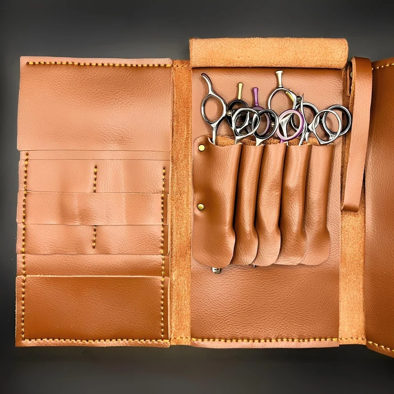 Portafoglio forbici in pelle marrone Boho - Custodia artigianale a 5 tasche
