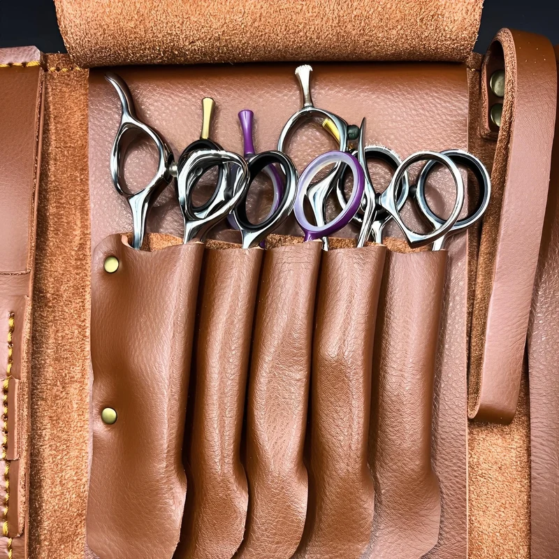 Portafoglio forbici in pelle marrone Boho - Custodia artigianale a 5 tasche