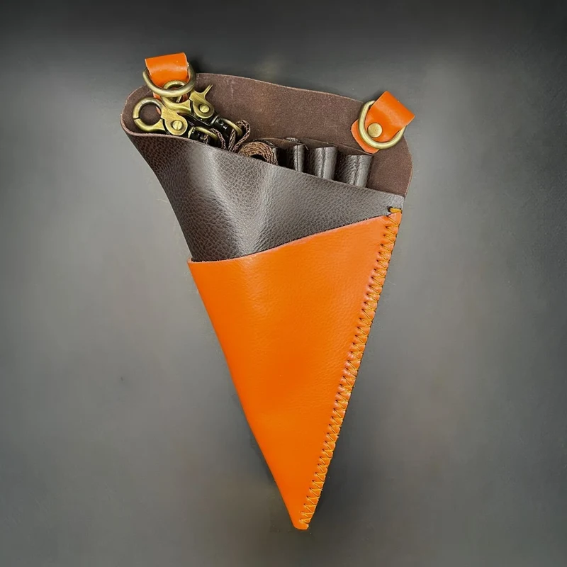 Fondina per forbici in pelle arancione e marrone di alta qualità - Cintura professionale a 5 tasche