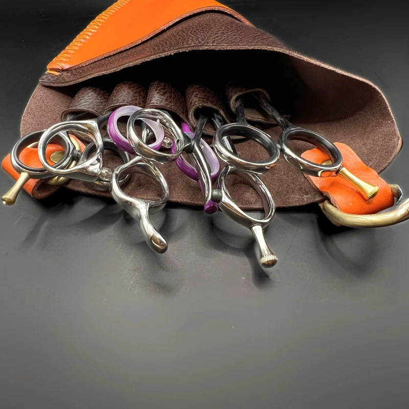 Fondina per forbici in pelle arancione e marrone di alta qualità - Cintura professionale a 5 tasche