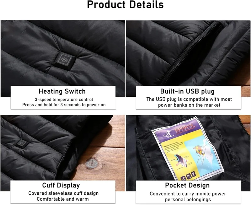 Gilet Riscaldante USB con Pad Riscaldanti Incorporati Grigio- Ideale per Attività Invernali come Caccia, Campeggio, Escursionismo, Sci
