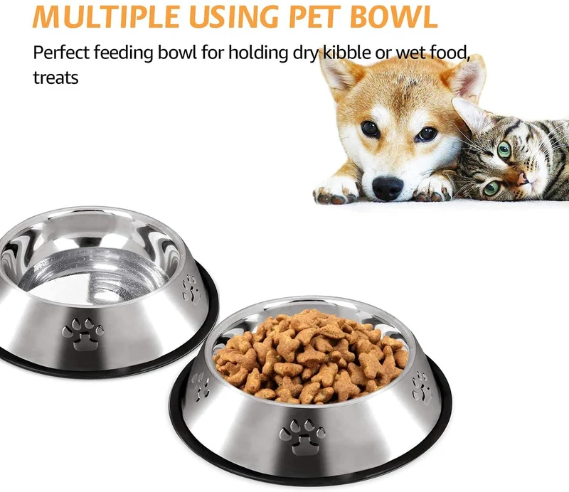 Set di 2 Ciotole per cani e gatti in acciaio inox con base in gomma antiscivolo per acqua e cibo