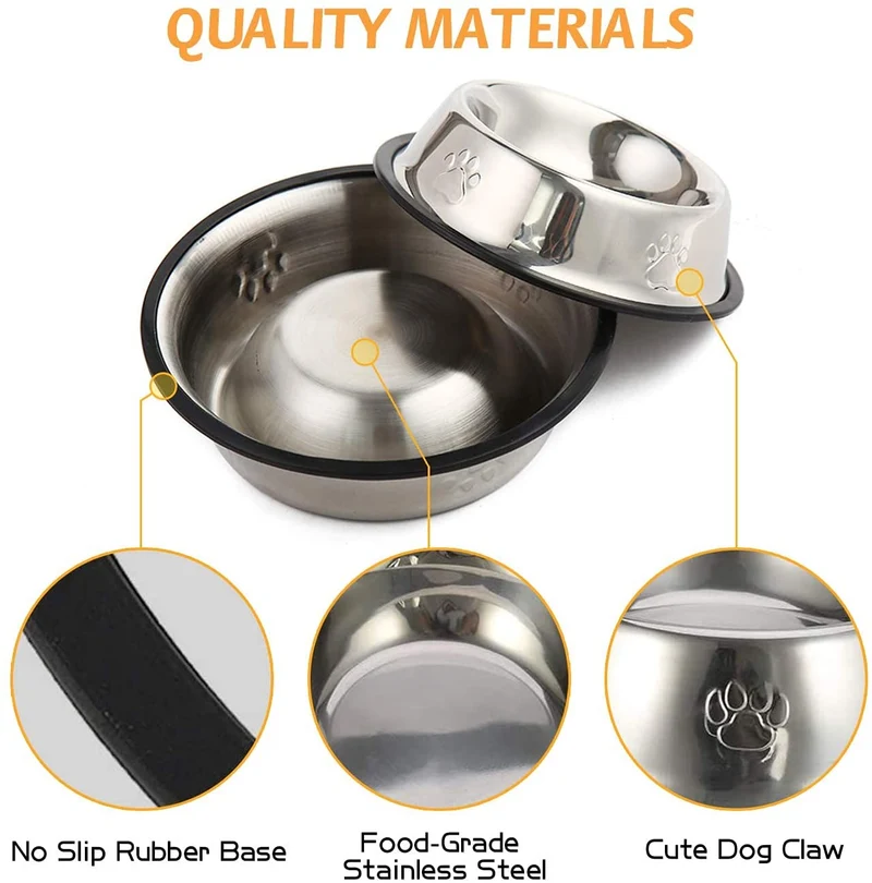 Set di 2 Ciotole per cani e gatti in acciaio inox con base in gomma antiscivolo per acqua e cibo
