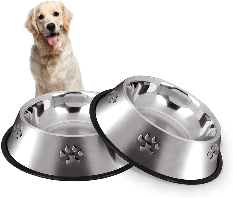 Set di 2 Ciotole per cani e gatti in acciaio inox con base in gomma antiscivolo per acqua e cibo