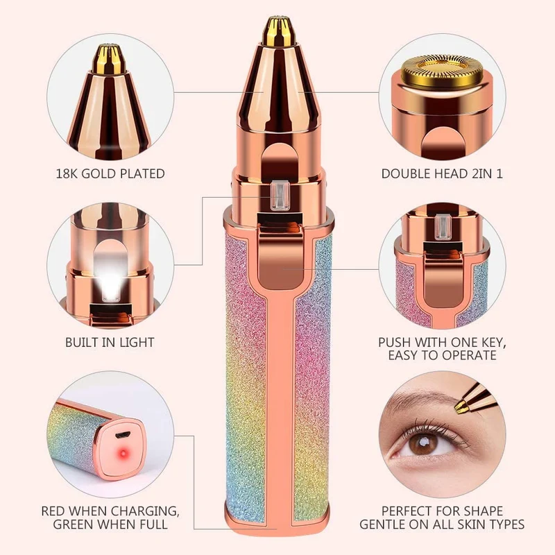 Epilatore Portatile 2 in 1 Rossetto Glitter Elimina Peli Viso Sopracciglia Baffi