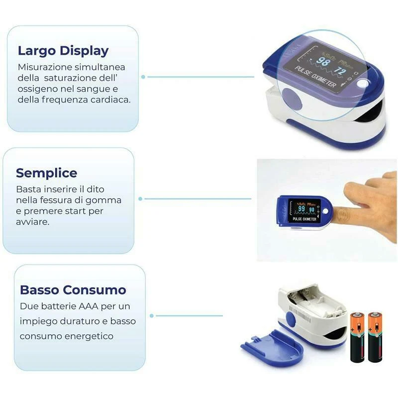 Saturimetro Portatile, Pulsossimetro da Dito, Misuratore Ossigeno, Ossimetro Pulse Oximeter