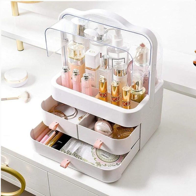 Organizzatore per cosmetici con manico organizer trucchi multifunzione girevole a 180 ° per cosmetici gioielli e accessori