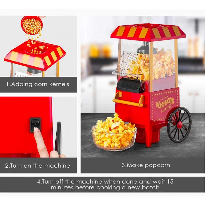 Carretto Macchina Pop Corn Elettrica Aria Calda Senza Olio Popcorn Professionale 1200W Design Retrò per Feste Party Bambini Elettrodomestici Cucina