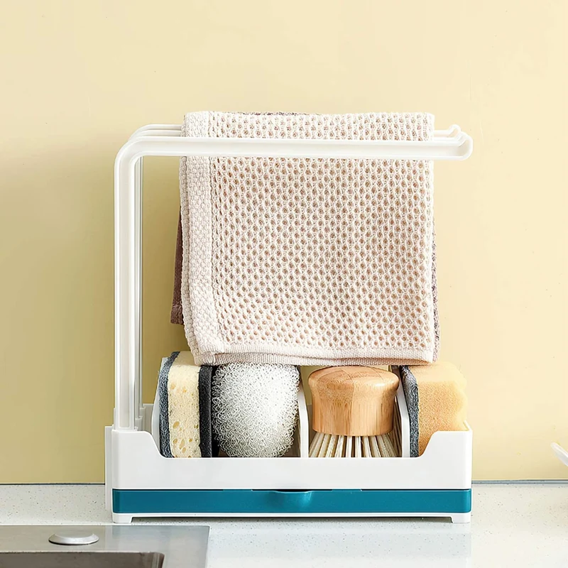 Organizer per lavello da cucina 3 supporti stabili per strofinacci da cucina più contenitore con cassettino per l'acqua che gocciola