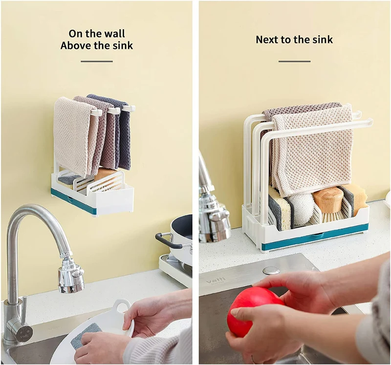 Organizer per lavello da cucina 3 supporti stabili per strofinacci da cucina più contenitore con cassettino per l'acqua che gocciola