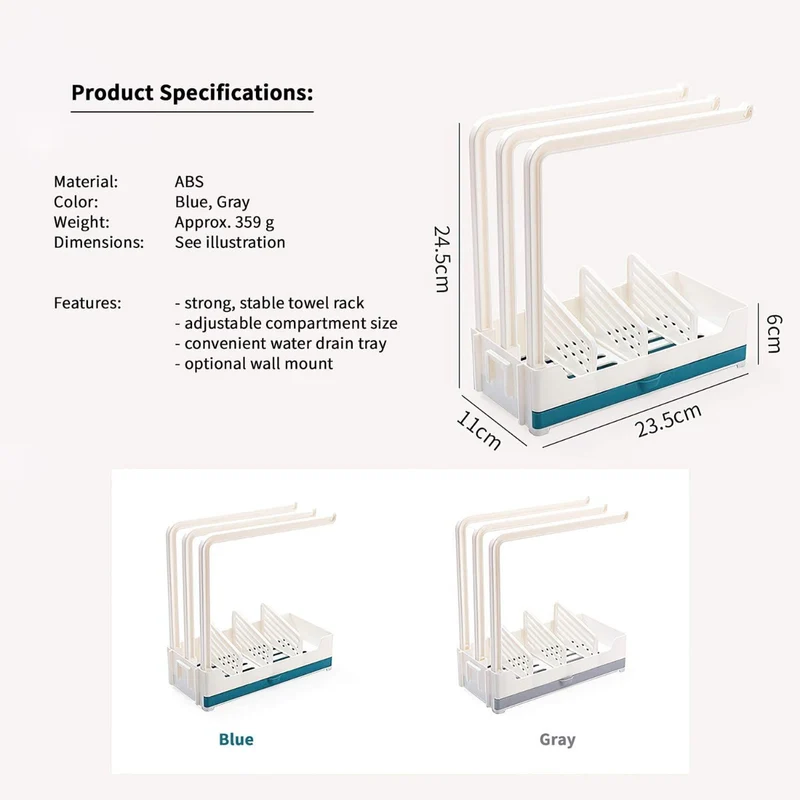 Organizer per lavello da cucina 3 supporti stabili per strofinacci da cucina più contenitore con cassettino per l'acqua che gocciola
