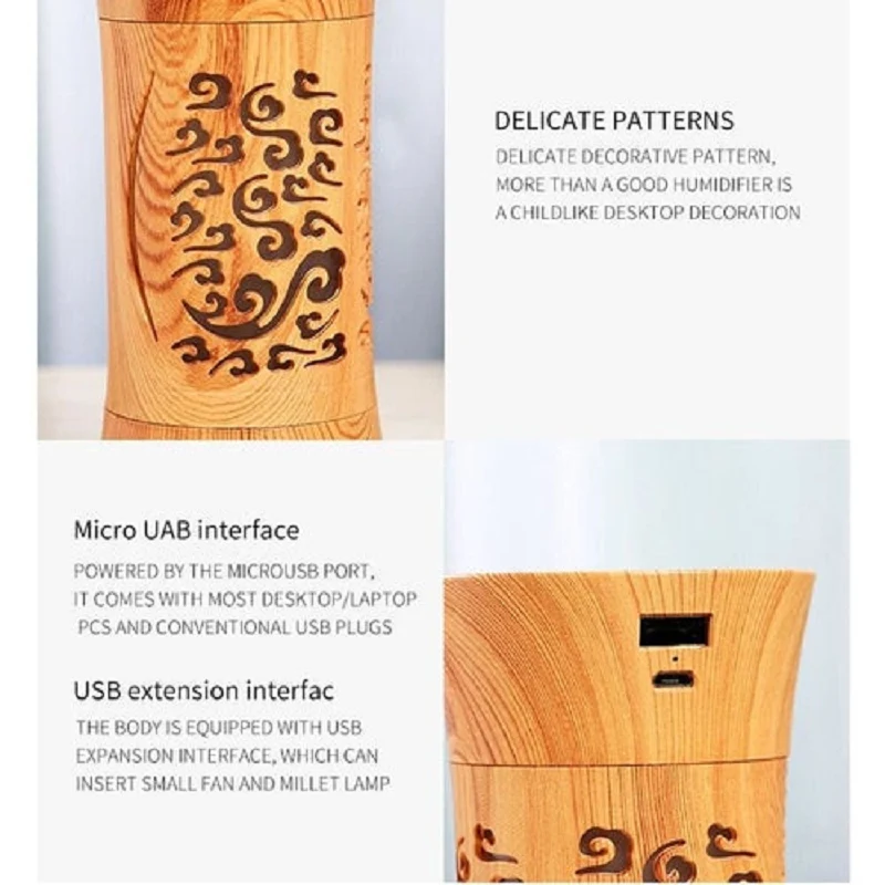 Umidificatore aria domestico con venature del legno USB 3 in 1 Mini umidificatore con lampada a LED