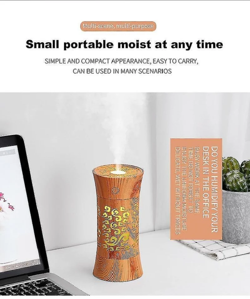 Umidificatore aria domestico con venature del legno USB 3 in 1 Mini umidificatore con lampada a LED
