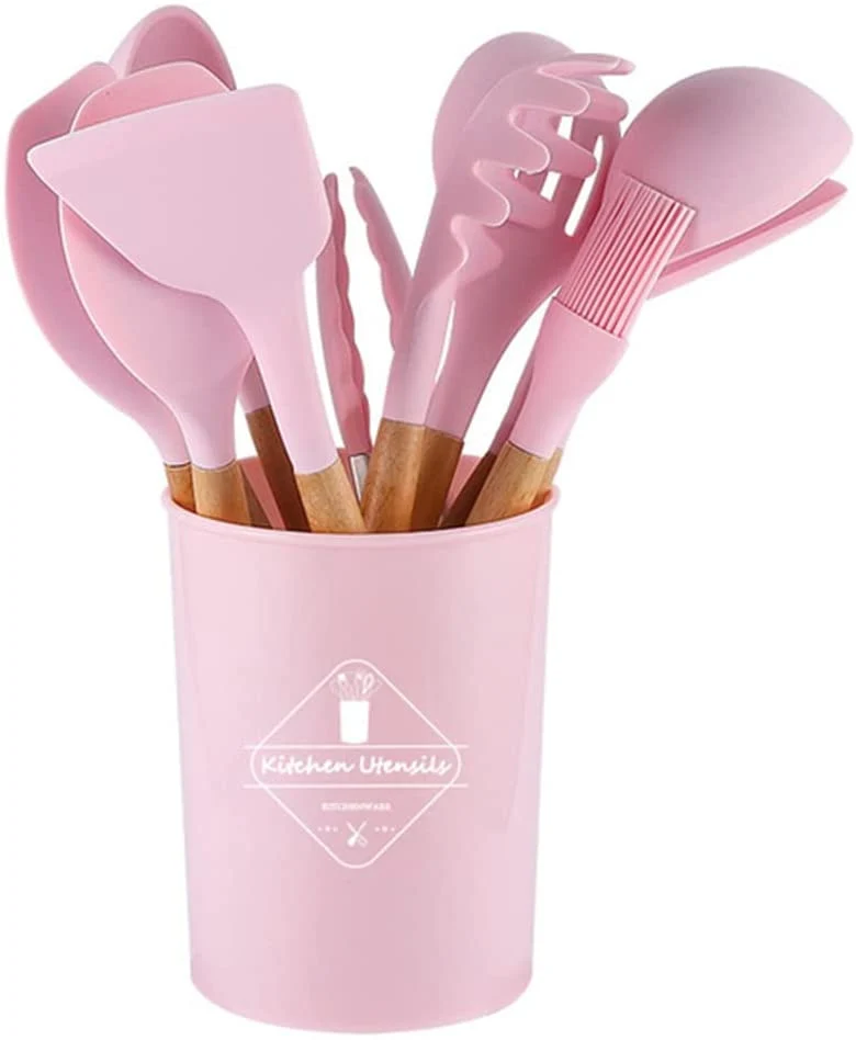 Set di utensili da cucina utensili da cucina da 12 pezzi set di utensili da cucina con portautensili rosa