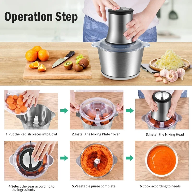 Tritatutto Da Cucina Elettrico Professionale con 4 Lame in Acciaio Inox Mini Robot da Cucina con Ciotola in Acciaio Inox 2L