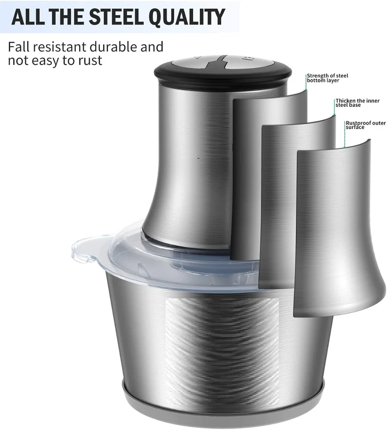 Tritatutto Da Cucina Elettrico Professionale con 4 Lame in Acciaio Inox Mini Robot da Cucina con Ciotola in Acciaio Inox 2L