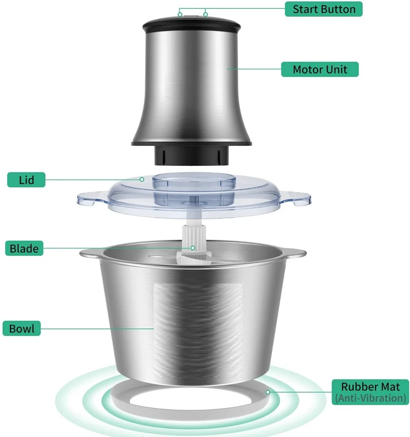 Tritatutto Da Cucina Elettrico Professionale con 4 Lame in Acciaio Inox Mini Robot da Cucina con Ciotola in Acciaio Inox 2L
