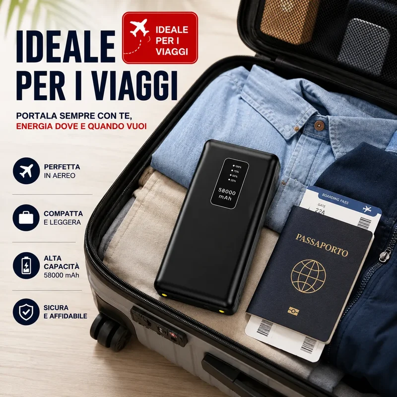 Power Bank 58000 mAh con 4 Cavi Integrati, Display LED e Ricarica Rapida 3.0A – Batteria Esterna Portatile USB-C, Lightning, Micro USB