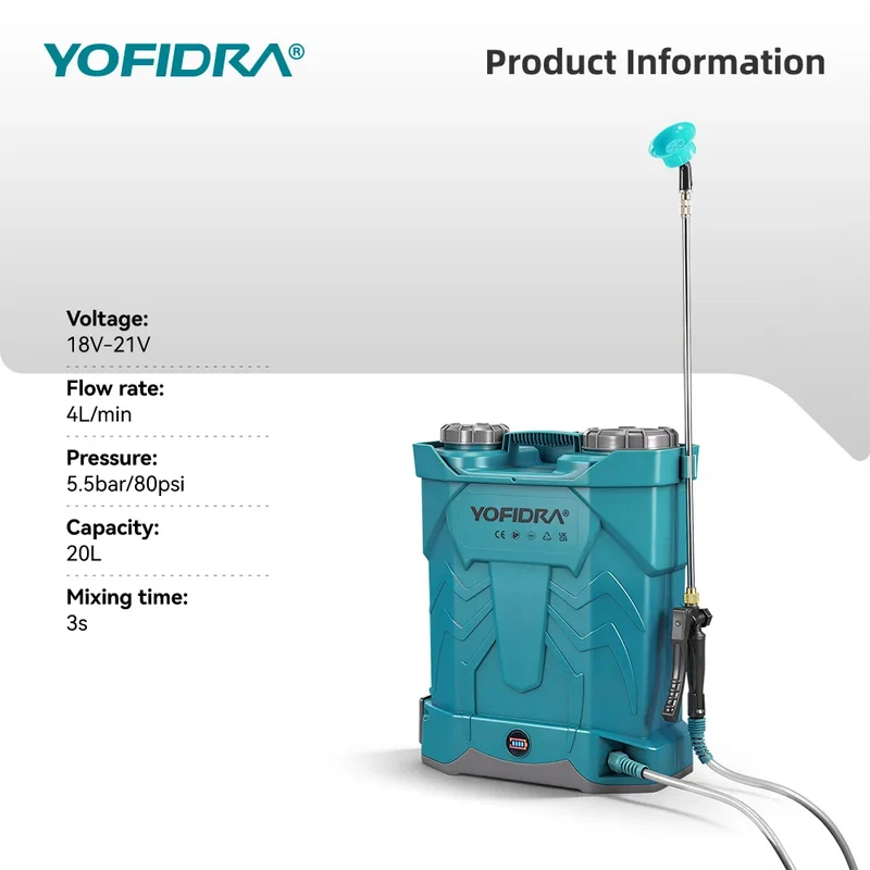 YOFIDRA Spruzzatore a Zaino Senza Fili 20L con 2 Batterie da 21V 3Ah per Irrigazione, Giardinaggio, Pulizia e Disinfezione