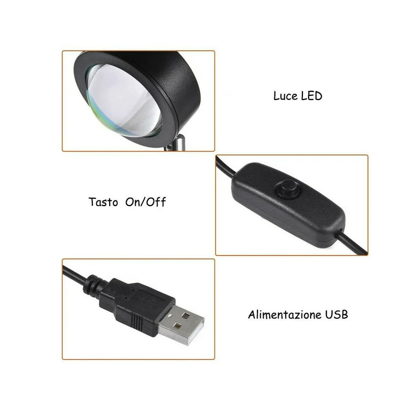 Lampada Proiettore Atmosfera Led Tramonto Arcobaleno Sole Luce Orientabile Usb