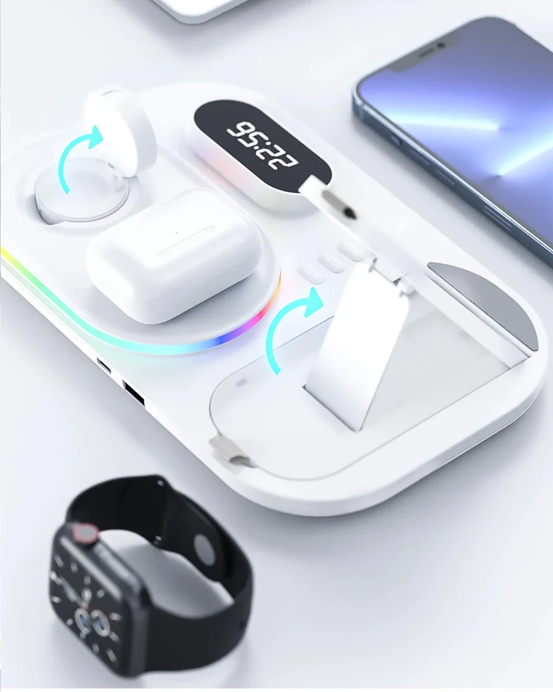 Stazione di ricarica wireless 4 in 1 con orologio digitale e luce notturna, caricabatterie wireless veloce da 15 W