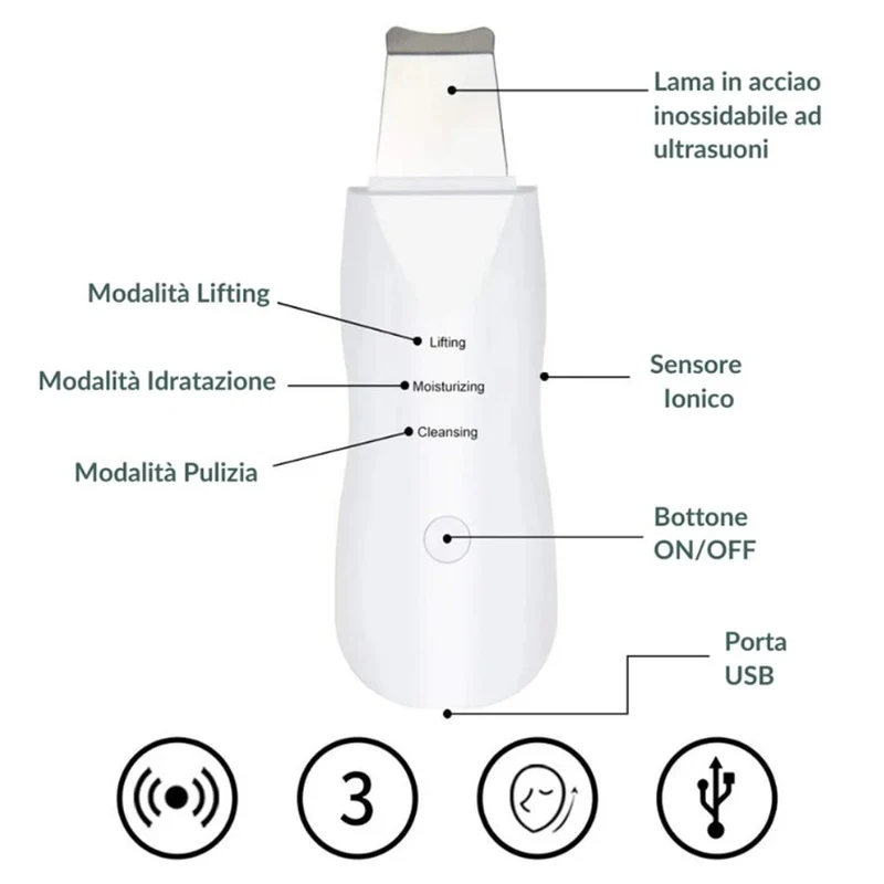 Spatola Sonic Skin Scrubber per pulizia del viso 3 funzioni Rimozione di punti neri Estrattore di brufoli Raschietto Detergente per pori