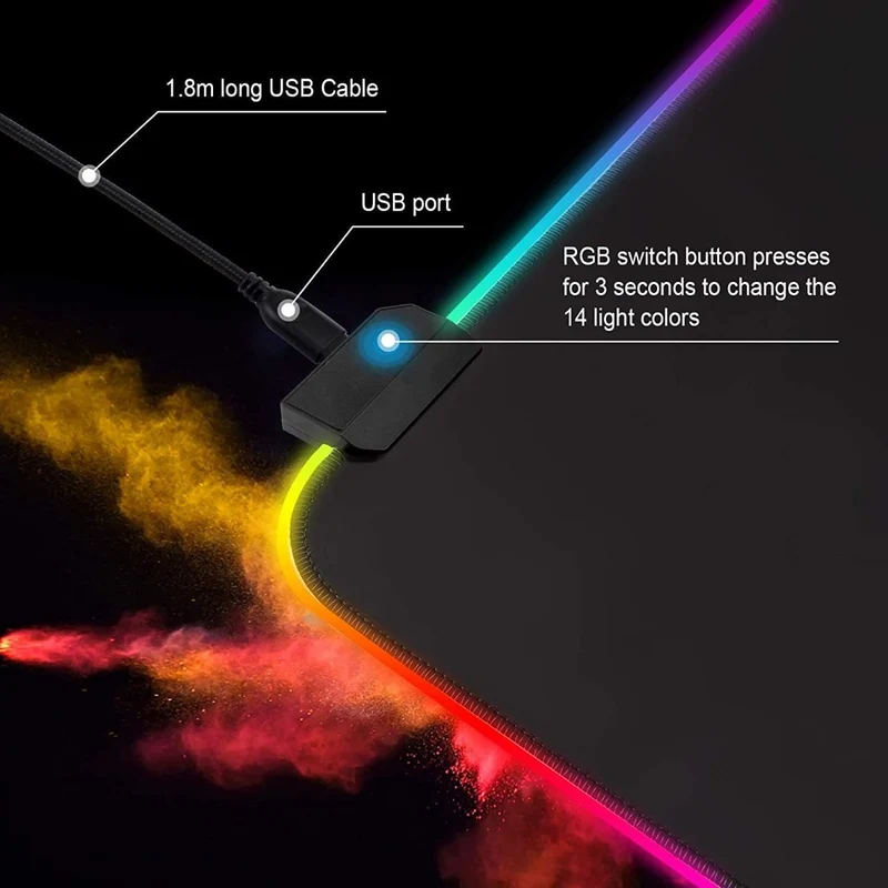 Tappetino per mouse da gioco RGB - T14 Effetti a LED con bordi cuciti resistenti e base in gomma antiscivolo, adatto per MacBook, PC, laptop, scrivania