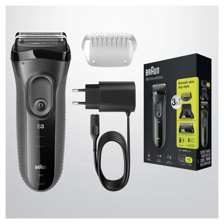 Braun BeardTrimmer Series 3 3000BT Shave&Style Rasoio Da Barba Elettrico Da Uomo, Nero/Grigio