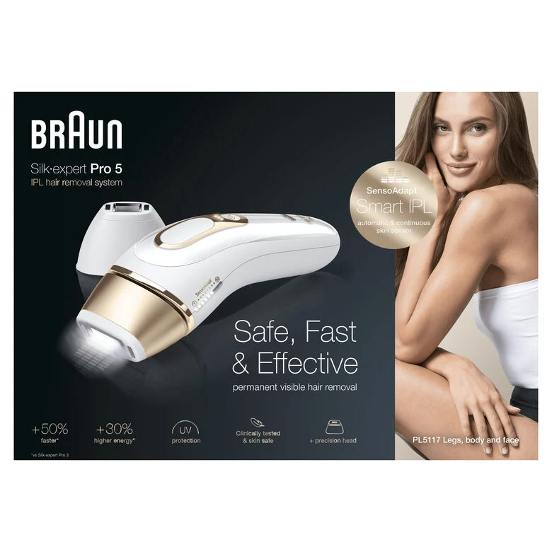 Braun Silk-expert Pro 5 PL5117 Epilatore Luce Pulsata Di Ultima Generazione, IPL, Epilazione Definitiva, Bianco E Oro