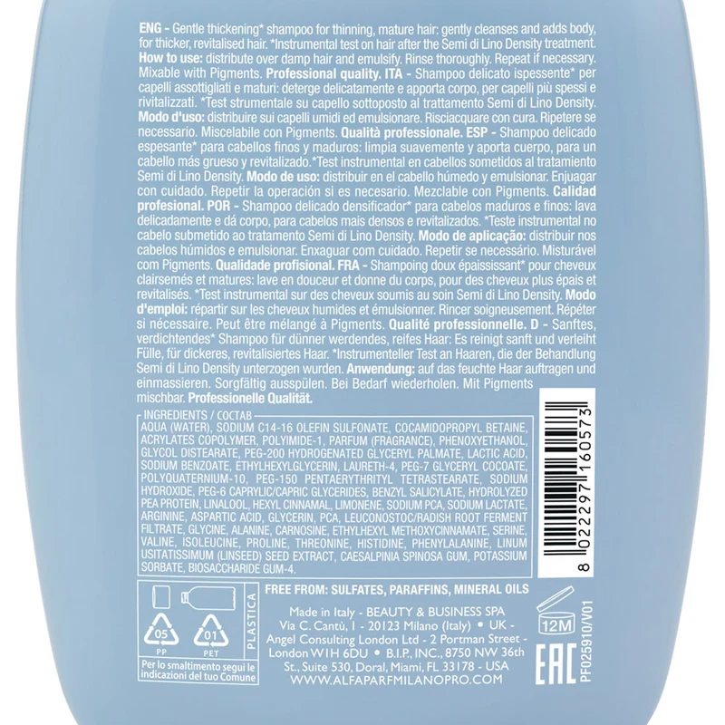 Alfaparf Milano Semi Di Lino Density Thickening Low Shampoo 250ml - shampoo ispessente