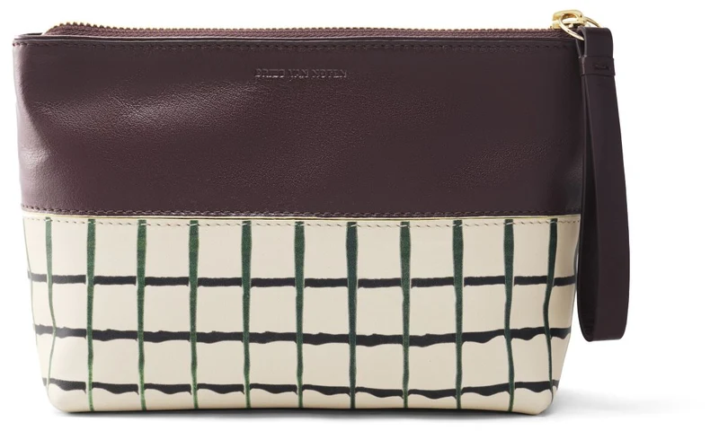 Pochette in Pelle di Vitello Dvn Pouch Quadri Verdi e Bordeaux Antico